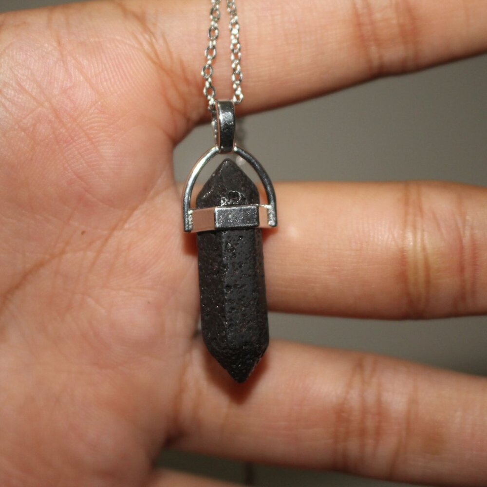 Black Lava Stone Hex Crystal Pendant Necklace – Silver Tone Chain - Picture 8 of 8